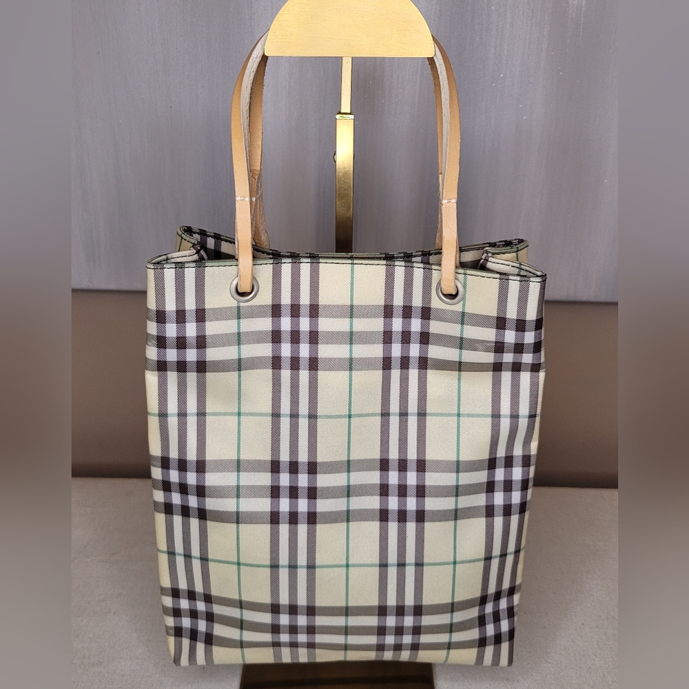 Burberry Novacheck Plaid Micro Tote Bag with Tan Leather Handles